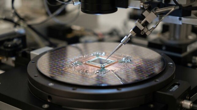 Mirror-finished silicon wafer, advanced chip package, copper interconnects, and metrology probe on a precision stage for semiconductor miniaturization.