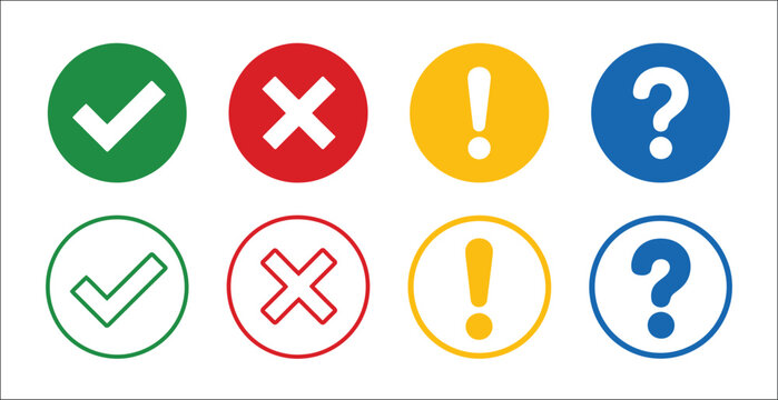 Checklist vector icon set, colorful tick, cross, exclamation and question mark symbols, true and false, yes and no signs, editable task list elements, clean vector illustration design concept.