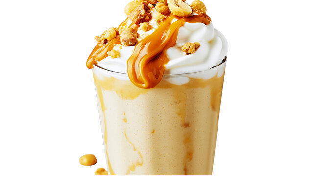 Delicious caramel milkshake with whipped cream and crunchy topping, isolated on a transparent background, a sweet treat for dessert lovers