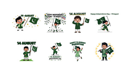 Fototapeta premium Happy Child Waving Pakistan Flag 14 August Independence Day Vector Illustration on PNG Background, Pakistan, 14 August, Independence Day, Pakistan Independence Day, Pakistan flag, child, kid, 