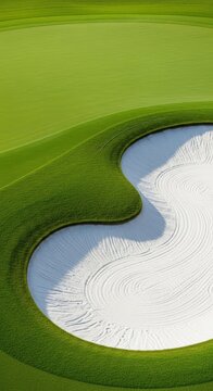 A pristine golf course bunker filled with fine white sand creates a striking contrast against the lush green grass of the fairway nearby, edge, hazard, abstract
