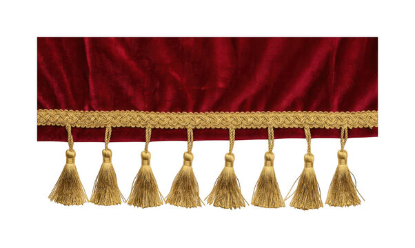 Luxury red velvet tassel png Elegant velvet valance cutout Theatrical red tassel trim png Decorative velvet border cutout Ornate gold isolated transparent background image