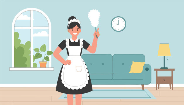 Smiling maid in traditional uniform holding a feather duster while standing in a modern living room interior.