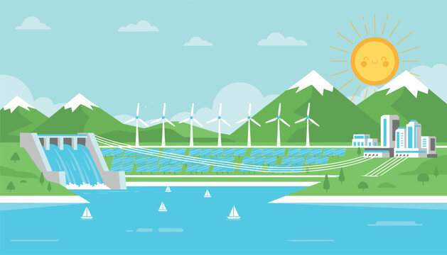 Clean green landscape highlights renewable energy sources including hydro dam, solar panels, and wind turbines.