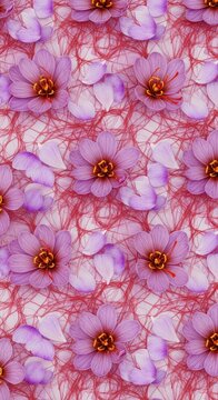 Elegant floral background featuring intricate saffron crocus flowers, crimson threads, and delicate purple petals in a repeating pattern, crimson, aroma, symmetry