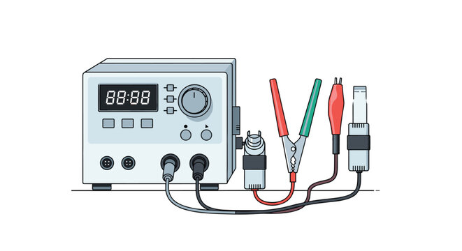 Laboratory power supply unit or electronic tester device with digital screen display, cables, crocodile clips, and test probes.