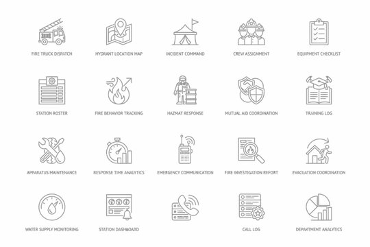 Fire department emergency response and station management line set featuring firefighting tools, incident tracking, and data analytics