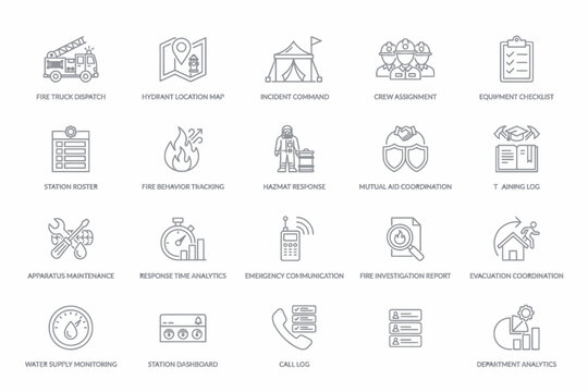 Fire department emergency dispatch and station management line set featuring firefighting equipment, incident tracking, and data analytics