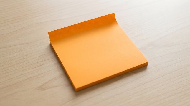 A single empty orange sticky note on a wooden desk surface for writing important daily reminders and task lists