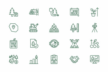 Fototapeta premium A collection of twenty green forestry management and timber industry line arranged in a grid on a white background, for business