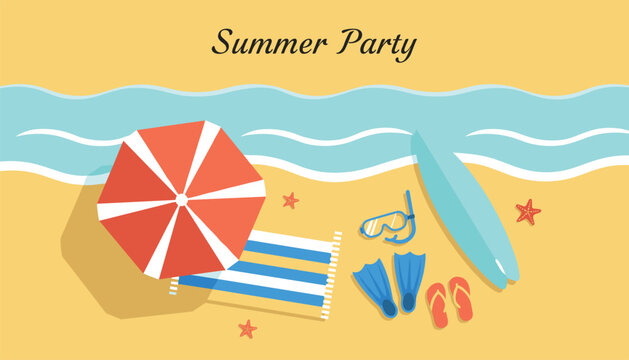 Top down view of a sandy beach with beach umbrella, towel, surfboard, snorkeling gear, and flip flops under the text summer party.