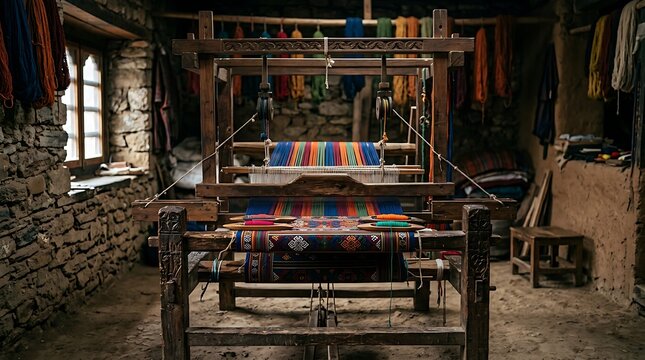 Antique handloom weaving vibrant fabric in a stone masonry studio