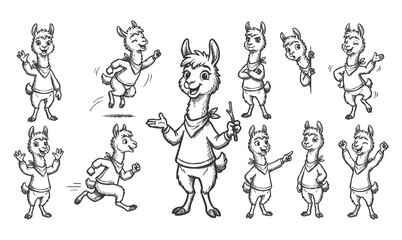 Obraz premium Cute vicuna and llama cartoon mascot character set with various poses vector illustration