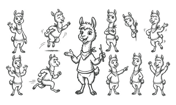 Cute vicuna and llama cartoon mascot character set with various poses vector illustration