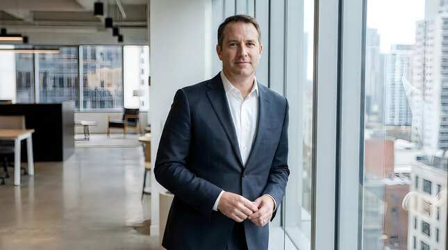 Professional man in suit standing indoors with glasses