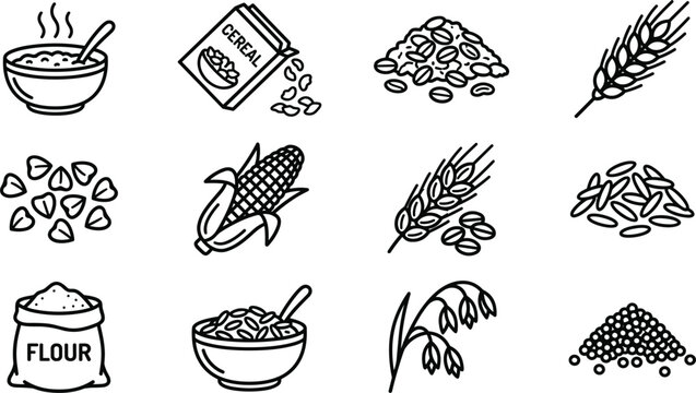 Cereal grains and agricultural crops line icons set for healthy breakfast oatmeal flour corn wheat and organic food design