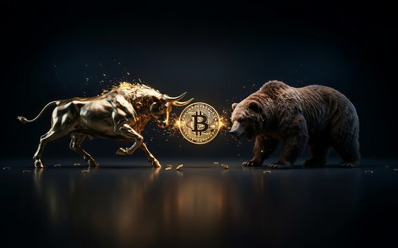 Bull and bear facing bitcoin symbol representing cryptocurrency market competition and investment trends