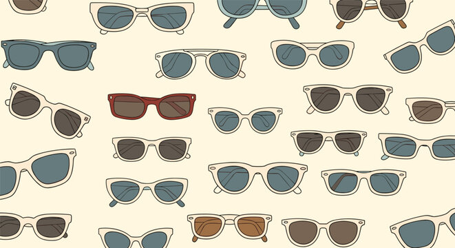 Retro seamless background pattern of colorful stylish sunglasses and glasses frames over light cream background.