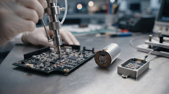 Sensor paste dispensing beside printed circuit board, battery cell, and industrial iot sensor node on stainless work surface
