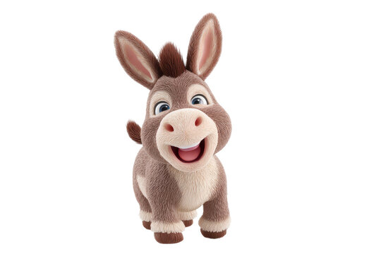 Cute cartoon donkey character with big ears smiling happily during a studio shoot