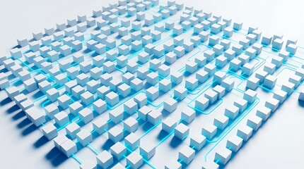 Obraz premium Futuristic 3D rendered grid of interconnected blue nodes on white background, abstract digital network concept