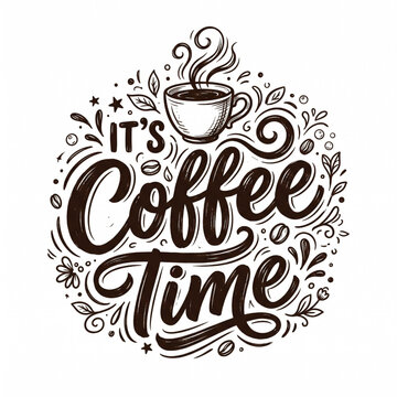 It is coffee time hand drawn lettering typography design with a steaming cup and roasted coffee beans