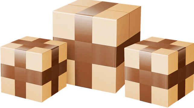 Three stacked cardboard boxes isolated on a transparent background, representing shipping, packaging, and delivery concepts for business and logistics