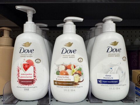 Mesa, Arizona - July 23, 2026: Display of Dove brand hand wash soap inside of a Walmart store