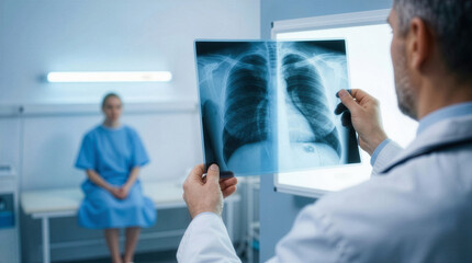 Fototapeta premium Male doctor examining a chest x-ray film while a female patient waits in the background of a modern hospital clinic.