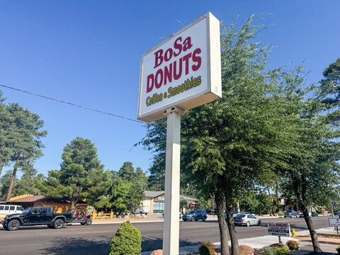Payson, Arizona - July 25, 2026: Sign for Bosa Donuts, selling pasteries, coffee and smoothies