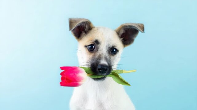 Cute puppy holding a pink tulip flower in its mouth isolated on a light blue background for spring greeting cards and romantic pet photography