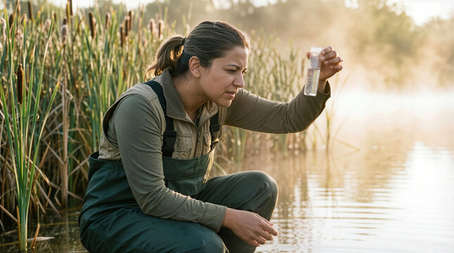 Woman environmental scientist in waders examining a water sample in a test tube at a misty wetland lake during morning field research.