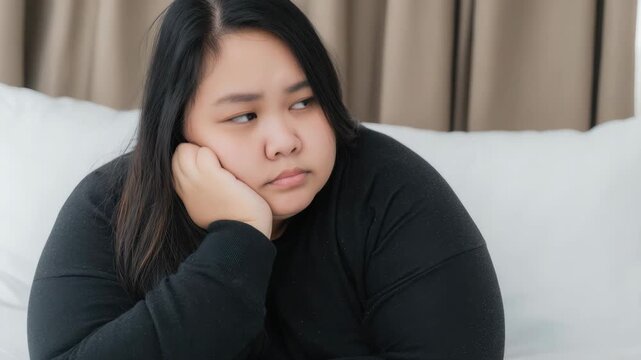 Bored young Asian woman resting head on hand, feeling tired and lonely while sitting on bed in bedroom, expressing sadness and mental fatigue
