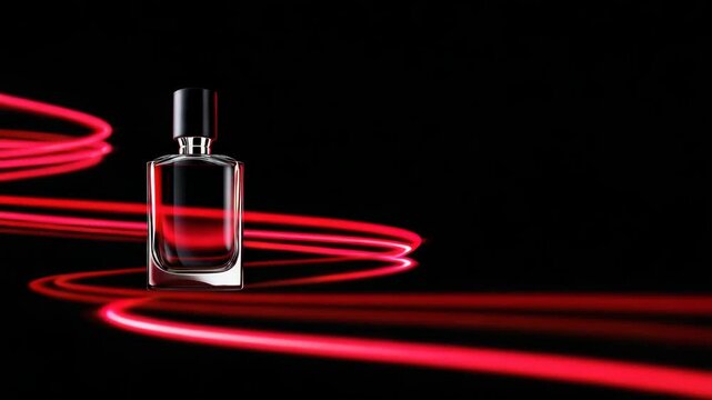 Luxury perfume bottle with dynamic red light trails on black background for high end cosmetic advertising and elegant fashion product promotion