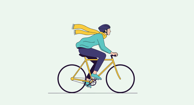 Energetic young woman riding a city bicycle wearing a safety helmet and a yellow scarf waving in the wind in flat style.