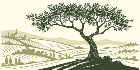 A single pine tree stands tall against a backdrop, of rolling green, hills and a, clear blue sky landscape © AG