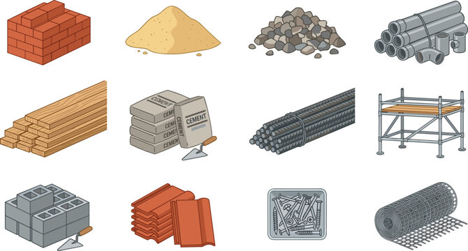 Building Construction Materials Vector Icon Set with Bricks, Sand, Gravel, Pipes, Timber, Cement Sacks, Rebar, Scaffolding, Cinder Blocks, Roof Tiles, and Insulation Roll
