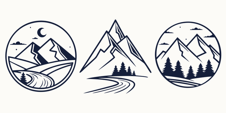Abstract geometric with overlapping mountain silhouettes and circular patterns in black and white