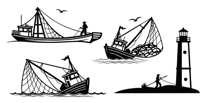 Black and white line of sailing ships and lighthouse with human figures line sailing ship schooner brigantine
