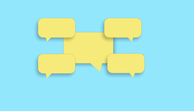 Light blue background featuring five yellow speech bubbles