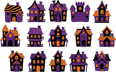 Naklejka premium Set of colorful spooky haunted houses for a happy halloween day celebration featuring various creepy architectural building designs