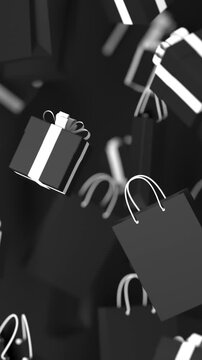 Rotating black gift boxes with white ribbons and shopping bags on black background for Black Friday sale, 3D render seamless Vertical video.