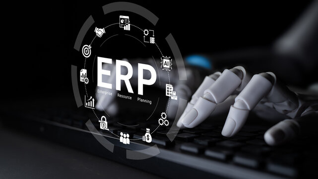 Futuristic Robotic Hand Interacting with Keyboard and ERP System Icons Emphasizing Automation and Digital Transformation in Business Management. Glyphic.