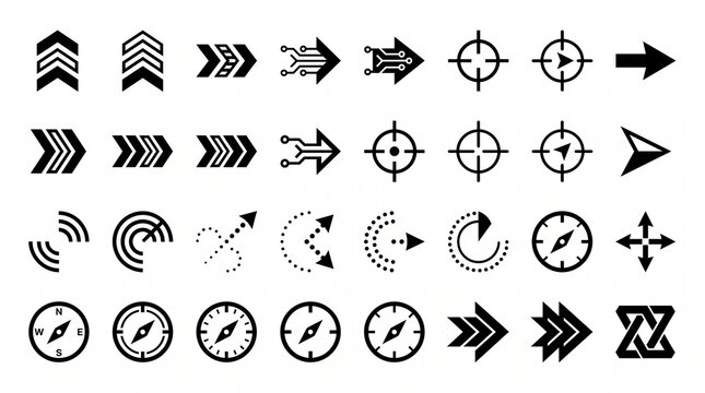 Minimalist black arrow icons set, 36 navigation symbols and directional pointers. Modern interface graphic elements with compass icons and target crosshairs. Tech style vector sign collection.