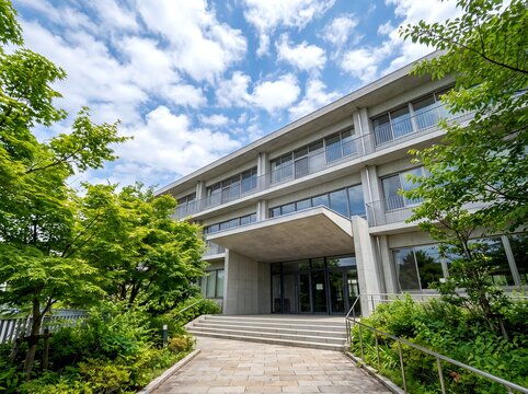 晴れ渡る青空の下緑豊かな環境に調和する現代的な学校施設