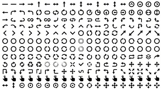 Minimalist black arrow icon set for interface design. Large collection of navigation symbols and directional pointers. Modern web UI elements for digital apps. Simple vector style graphic icons.