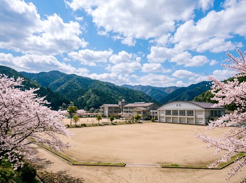 春の青空の下満開の桜と山々に囲まれた日本の学校