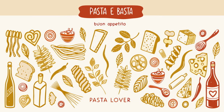 Italian Pasta And Ingredients Vector Illustration Set With Rustic Golden Yellow Tones spaghetti