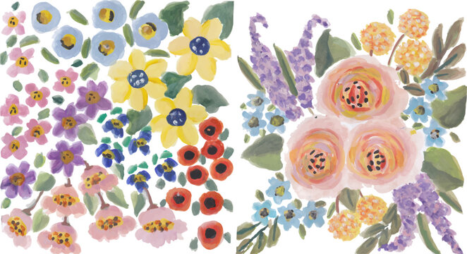 Colorful flowers pattern hand drawn watercolor art