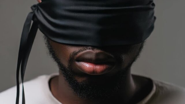 Blindfolded African American man in studio portrait, conceptual shot representing mystery, lack of vision, or social justice themes on grey background